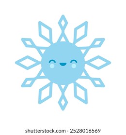 Smiling blue snowflake emoji icon. Winter time. Happy holiday. Cartoon style. Simple flat design. Vector illustration.