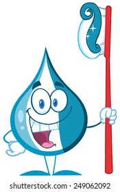 Smiling Blue Toothpaste Drop Cartoon Mascot Character Holding A Toothbrush.Vector Illustration Isolated On White