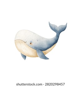 A smiling blue whale with beige underbelly