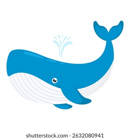 Smiling blue whale, cartoon illustration with water splash. Isolated on white background, hand drawn illustration