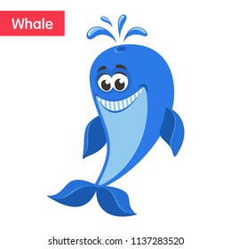 Smiling blue whale. Funny cartoon character on white background. Flat design. Isolated object. Colorful vector illustration for kids.