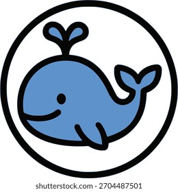 Un icono de ballena azul sonriente dentro de un contorno negro redondo