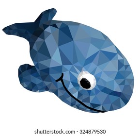 A smiling blue whale isolated against white, low poly vector illustration.