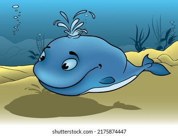 Smiling Blue Whale with a Water Fountain on her Head - Colored Cartoon Illustration with Background, Vector