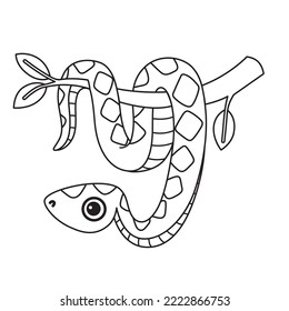 Smiling boa character hanging on a tree branch. Vector coloring book page. Cute snake illustration isolated on a white background