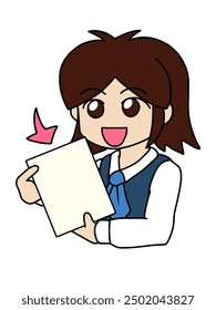 A smiling bob-cut office lady showing documents