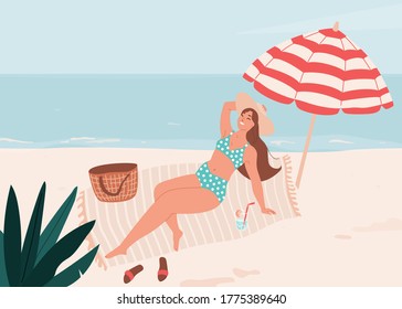 Smiling body positive woman lie on litter under striped umbrella. Summer time vector illustration. Sea holiday concept concept design with beach element cocktail, flip-flops, bag.