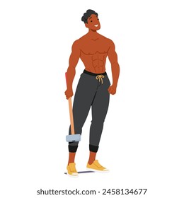 Smiling Bodybuilder Character Holds A Sledgehammer, Radiating Confidence With His Sculpted Abs And Muscular Arms, Ready For An Intense Workout. Shirtless Man With A Hammer, Showing His Muscles, Vector