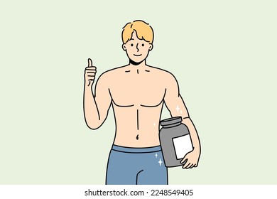 Smiling bodybuilder holding protein bottle recommend healthy lifestyle. Happy muscular guy with nutrition supplement in hands. Sport and diet. Vector illustration. 