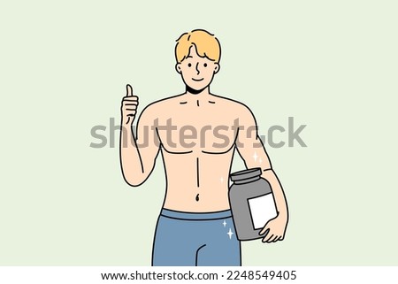 Smiling bodybuilder holding protein bottle recommend healthy lifestyle. Happy muscular guy with nutrition supplement in hands. Sport and diet. Vector illustration. 