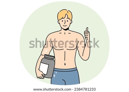 Smiling bodybuilder holding protein bottle recommend healthy lifestyle. Happy muscular guy with nutrition supplement in hands. Sport and diet. Vector illustration.