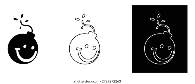 Smiling bomb icon, cartoon explosive with happy face, comic danger, playful detonation, fun explosion, humorous weapon, danger symbol