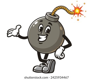 smiling Bomb with welcoming hand pose cartoon mascot illustration character vector clip art hand drawn