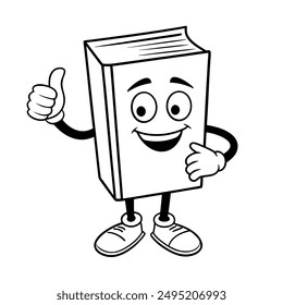 Smiling book character with thumbs up in black and white. Perfect for educational posters, children's books, and learning apps. Simple, bold lines for easy recognition