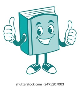 Smiling book character with two thumbs up, cartoon style. Bright colors, ideal for educational websites and school materials, Book Day