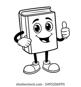 Smiling book mascot giving a thumbs up, ideal for school decorations, educational resources, and web icons. Monochromatic design with a playful look