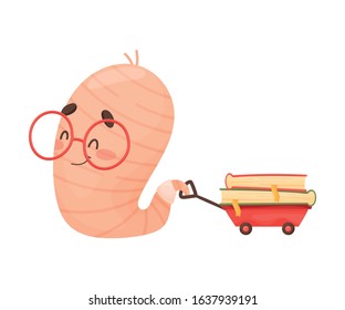 Smiling Bookworm Crawling Carrying Book on Small Trolley Vector Illustration