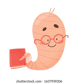Smiling Bookworm Crawling Carrying Book Vector Illustration