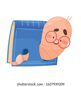 Smiling Bookworm Crawling In Hole Of Book Cover Vector Illustration