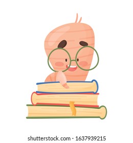 Smiling Bookworm Sitting on Pile of Books Smiling Vector Illustration. Wise Cartoon Creature Wearing Glasses