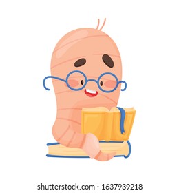 Smiling Bookworm Sitting and Reading Book Vector Illustration. Wise Cartoon Creature Wearing Glasses