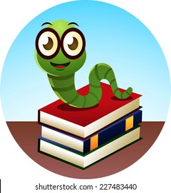 Smiling Bookworm standing over three books, looking at camera, with happy face vector illustration.