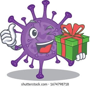 Smiling bovine coronavirus cartoon character having a gift box 