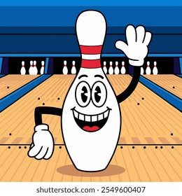 Smiling bowling pin character waving on a bowling lane.