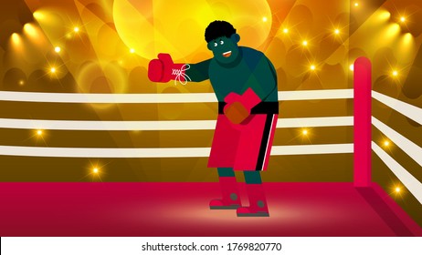Un boxeador sonriente con pantalones cortos rojos se para en el anillo bajo los reflectores. carácter de diseño plano. vector