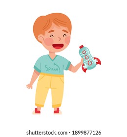 Smiling Boy Artist with Handcrafted Rocket Made of Plastic Bottle Vector Illustration
