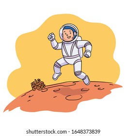 Smiling boy astronaut wearing spacesuit and helmet moving over planet surface. Child running on mars or moon ground. Moonwalker robot. Cosmonaut and astronomy design. Vector illustration
