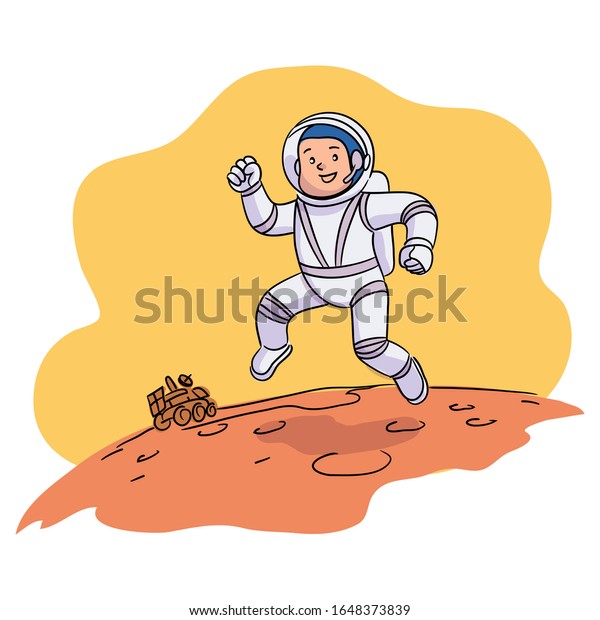 Smiling boy astronaut wearing spacesuit and\
helmet moving over planet surface. Child running on mars or moon\
ground. Moonwalker robot. Cosmonaut and astronomy design. Vector\
illustration