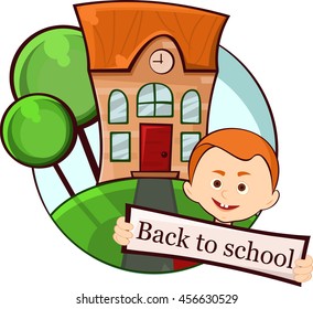 smiling boy in the background of the school building, vector illustration. 