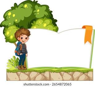 Smiling boy with backpack beside blank open book and trees