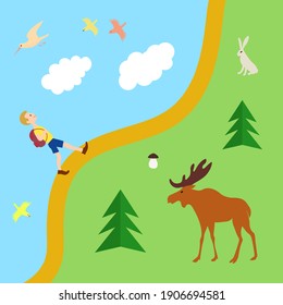 Smiling Boy with backpack walks along path through Forest, above the sky, clouds and birds. Vector color image.