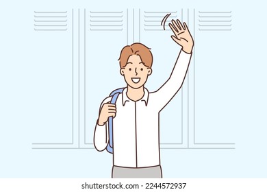 Smiling boy with backpack waving saying hello at school. Happy schoolboy feeling excited in classroom. Male student in college or university. Vector illustration. 