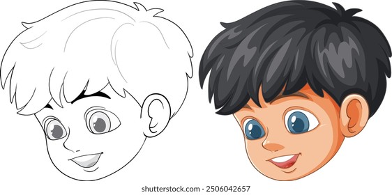 Smiling boy with black hair, outlined and colored