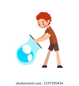 Smiling boy blowing big soap bubble with ring cartoon vector Illustration d on a white background