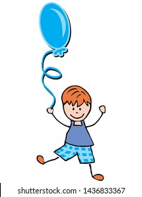 smiling boy and blue balloon, cute vector illustration