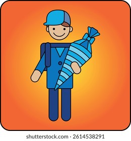 Smiling boy in blue school uniform holding a striped candy cone. Cheerful vector illustration for back-to-school visuals, educational content, and childhood themes.