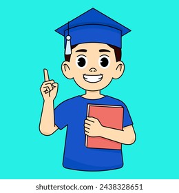 A smiling boy in blue in a square academic cap holds a notebook and points his finger up