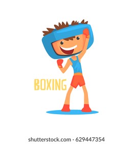 Smiling boy boxer with boxing gloves and helmet. Colorful cartoon character vector Illustration
