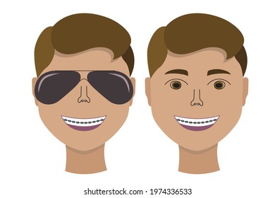 Smiling boy with braces, glasses and no glasses
