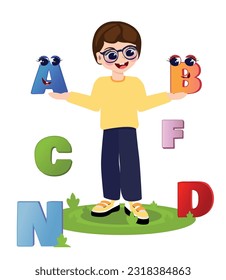 Lächelnder Junge in hellfarbigen Kleidern, die A und B halten. Preschooler tragen Brille und das Alphabet. Bunte Briefe um das Kind. Vektorgrafik einzeln auf weißem Hintergrund.