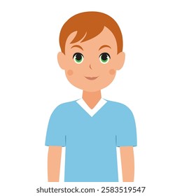 Smiling boy with brown hair wearing a blue shirt and green eyes.