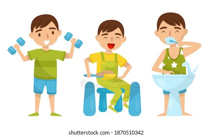 Smiling Boy Brushing His Teeth, Eating Breakfast and Doing Physical Exercise Vector Set