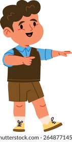 A smiling boy in casual attire points with enthusiasm in a playful cartoon style. The child gestures energetically, wearing a vest and shorts. Cartoon vector illustration.