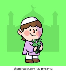 Lächelnder Junge, der Eid Fitr Mubarak Doodle Poster Illustration Objekt feiert