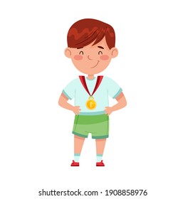 Smiling Boy Champion Standing with Gold Medal Vector Illustration