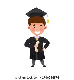Smiling Boy Character in Academic Gown and Square Cap Cheering About Graduation Ceremony Vector Illustration